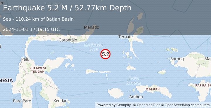 Earthquake Southern Molucca Sea (5.2 M) (2024-11-01 17:19:15 UTC)