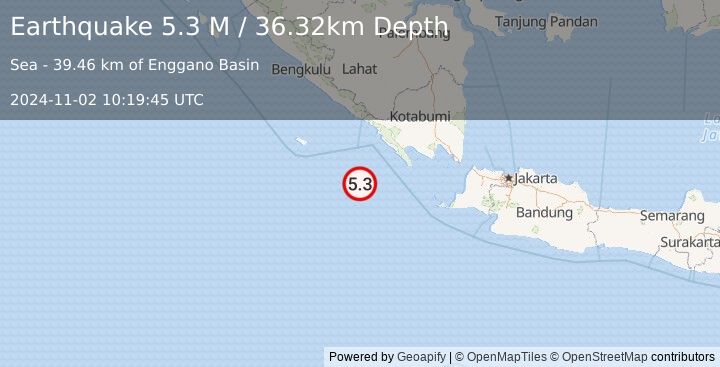 Earthquake Southwest of Sumatra, Indonesia (5.3 M) (2024-11-02 10:19:45 UTC)