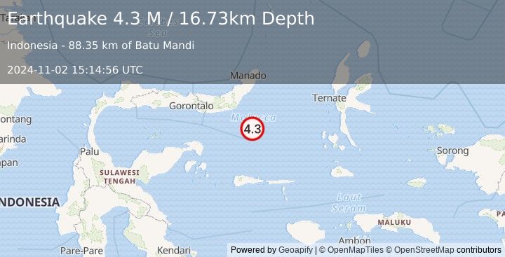 Earthquake Southern Molucca Sea (4.3 M) (2024-11-02 15:14:56 UTC)