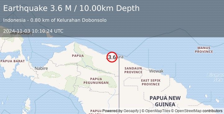 Earthquake Near North Coast of West Papua (3.6 M) (2024-11-03 10:10:24 UTC)