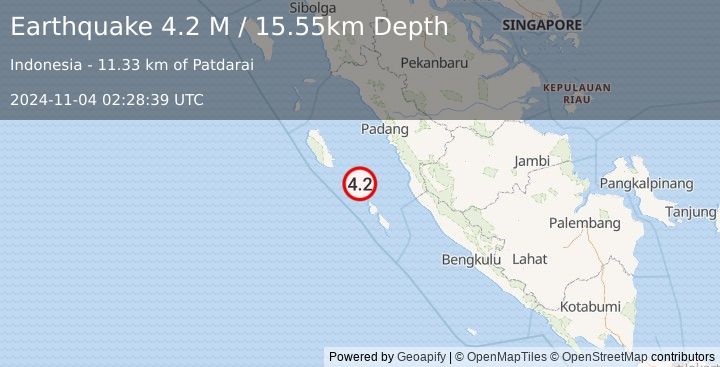 Earthquake Southern Sumatra, Indonesia (4.2 M) (2024-11-04 02:28:39 UTC)