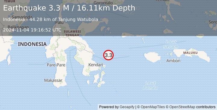 Earthquake Sulawesi, Indonesia (3.3 M) (2024-11-04 19:16:52 UTC)