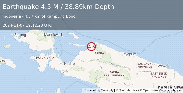 Earthquake Near North Coast of West Papua (4.5 M) (2024-11-07 19:12:28 UTC)