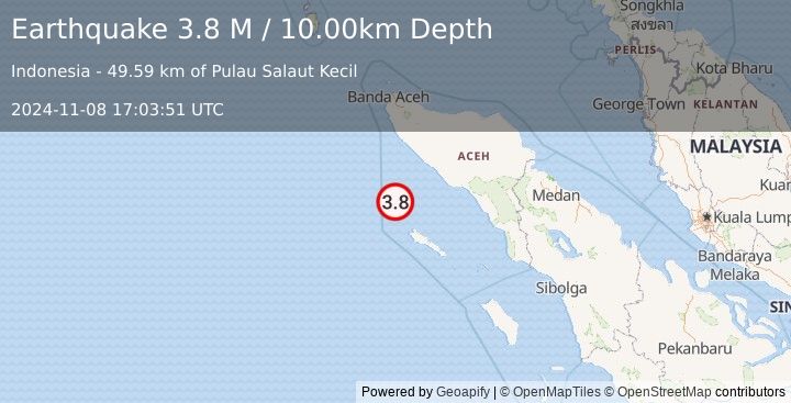 Earthquake Off West Coast of Northern Sumatra (3.8 M) (2024-11-08 17:03:51 UTC)