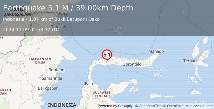 Earthquake Minahassa Peninsula, Sulawesi (5.1 M) (2024-11-09 02:53:37 UTC)