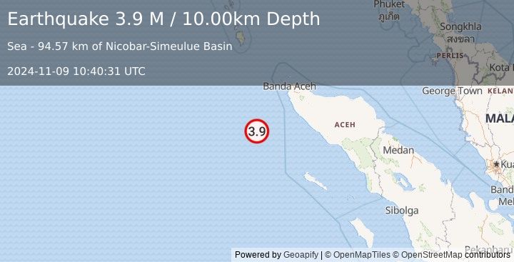 Earthquake Off West Coast of Northern Sumatra (3.9 M) (2024-11-09 10:40:31 UTC)