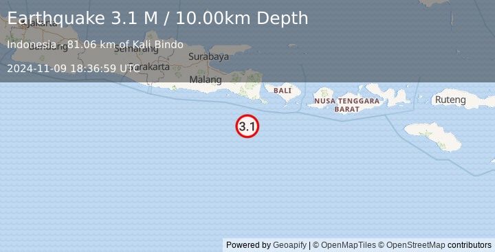 Earthquake South of Java, Indonesia (3.1 M) (2024-11-09 18:36:59 UTC)