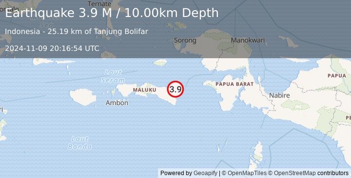 Earthquake Seram, Indonesia (3.9 M) (2024-11-09 20:16:54 UTC)