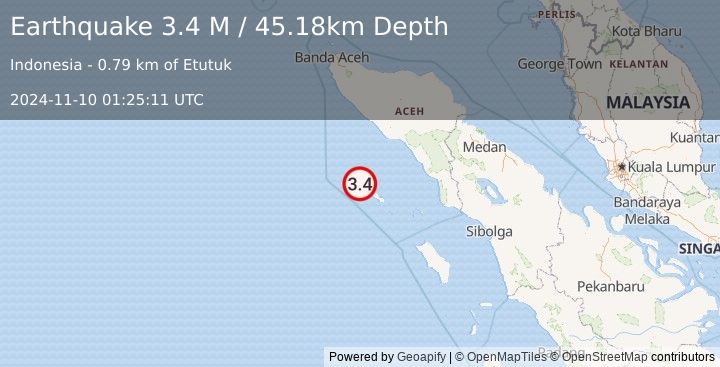 Earthquake Off West Coast of Northern Sumatra (3.4 M) (2024-11-10 01:25:11 UTC)