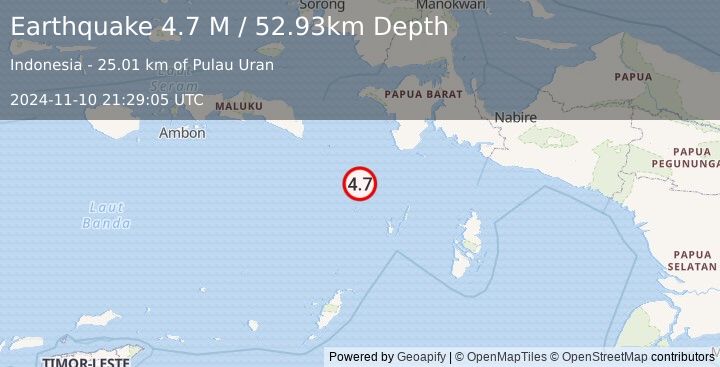 Earthquake West Papua Region, Indonesia (4.7 M) (2024-11-10 21:29:05 UTC)