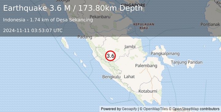 Earthquake Southern Sumatra, Indonesia (3.6 M) (2024-11-11 03:53:07 UTC)