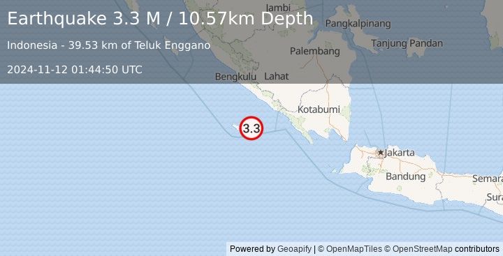 Earthquake Southern Sumatra, Indonesia (3.3 M) (2024-11-12 01:44:50 UTC)