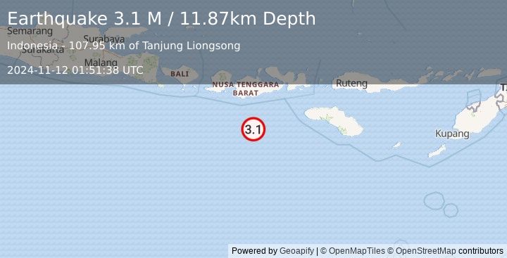 Earthquake South of Sumbawa, Indonesia (3.1 M) (2024-11-12 01:51:38 UTC)