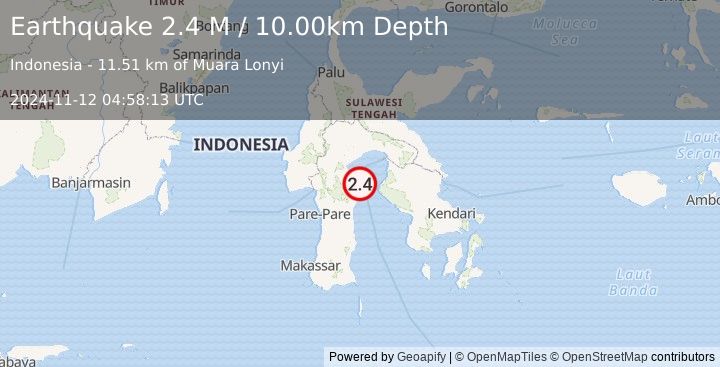 Earthquake Sulawesi, Indonesia (2.4 M) (2024-11-12 04:58:13 UTC)