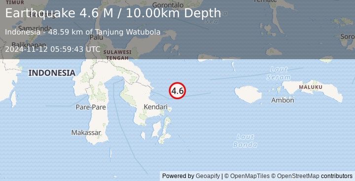 Earthquake Sulawesi, Indonesia (4.6 M) (2024-11-12 05:59:43 UTC)