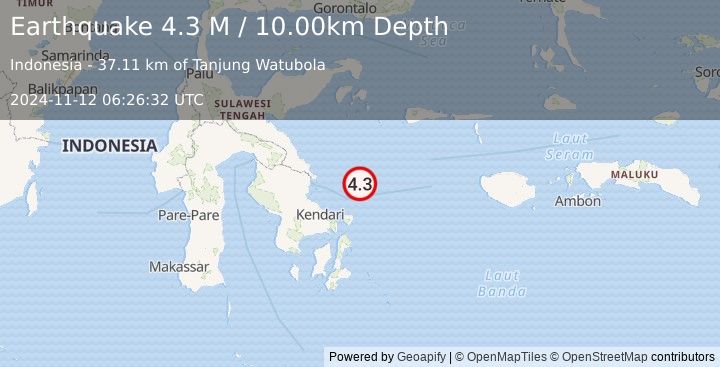 Earthquake Sulawesi, Indonesia (4.3 M) (2024-11-12 06:26:32 UTC)