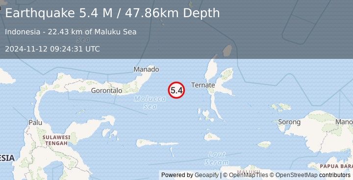 Earthquake Northern Molucca Sea (5.4 M) (2024-11-12 09:24:31 UTC)