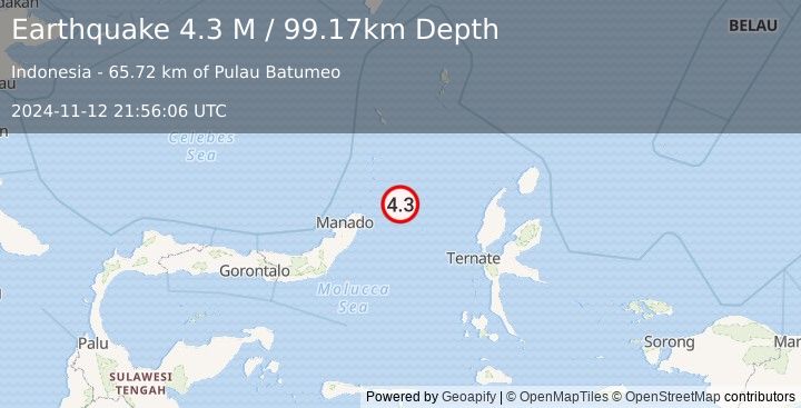 Earthquake Northern Molucca Sea (4.3 M) (2024-11-12 21:56:06 UTC)