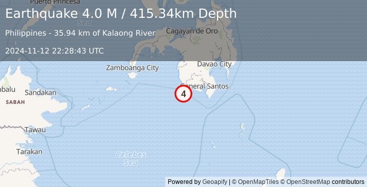 Earthquake Mindanao, Philippines (4.0 M) (2024-11-12 22:28:43 UTC)