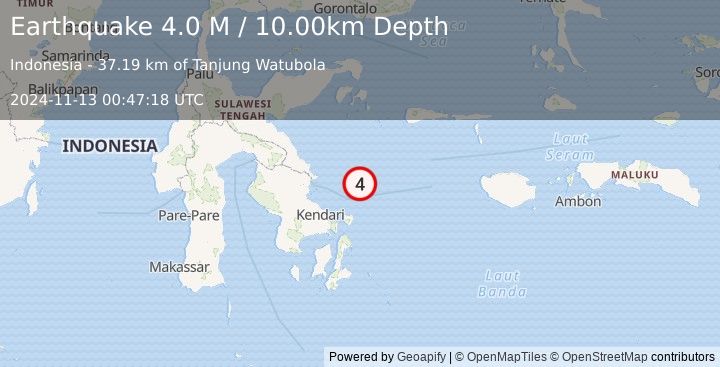 Earthquake Sulawesi, Indonesia (4.0 M) (2024-11-13 00:47:18 UTC)