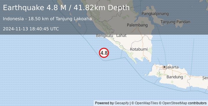 Earthquake Southern Sumatra, Indonesia (4.8 M) (2024-11-13 18:40:45 UTC)