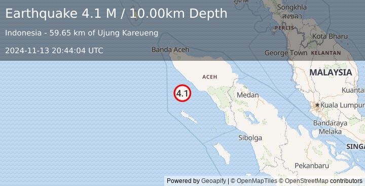 Earthquake Off West Coast of Northern Sumatra (4.1 M) (2024-11-13 20:44:04 UTC)