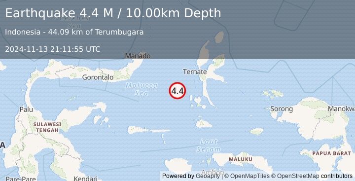 Earthquake Southern Molucca Sea (4.4 M) (2024-11-13 21:11:55 UTC)