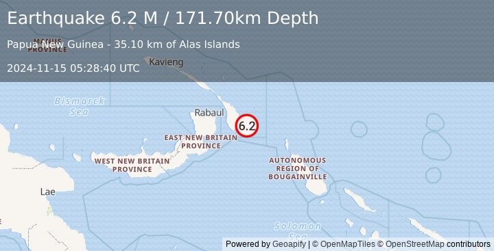 Earthquake New Ireland Region, Papua New Guinea (6.2 M) (2024-11-15 05:28:40 UTC)