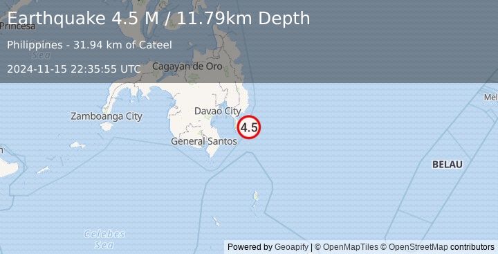 Earthquake Mindanao, Philippines (4.5 M) (2024-11-15 22:35:55 UTC)