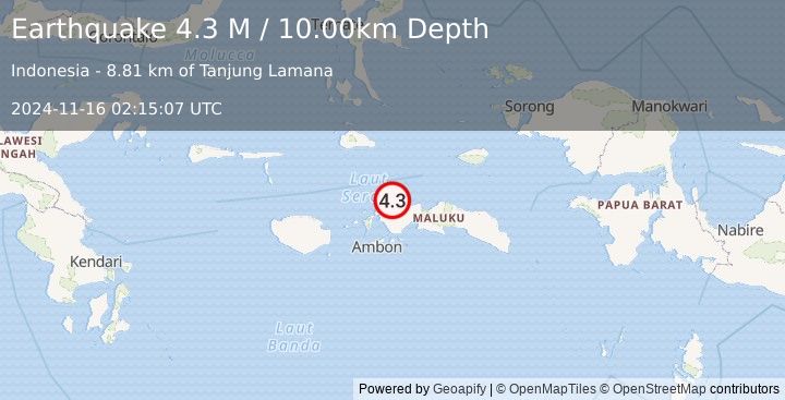 Earthquake Ceram Sea (4.3 M) (2024-11-16 02:15:07 UTC)