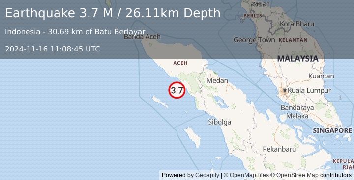 Earthquake Northern Sumatra, Indonesia (3.7 M) (2024-11-16 11:08:45 UTC)