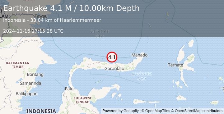 Earthquake Minahassa Peninsula, Sulawesi (4.1 M) (2024-11-16 17:15:28 UTC)