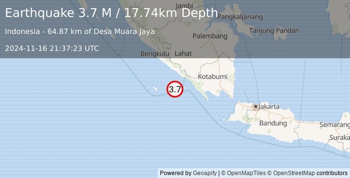 Earthquake Southern Sumatra, Indonesia (3.7 M) (2024-11-16 21:37:23 UTC)