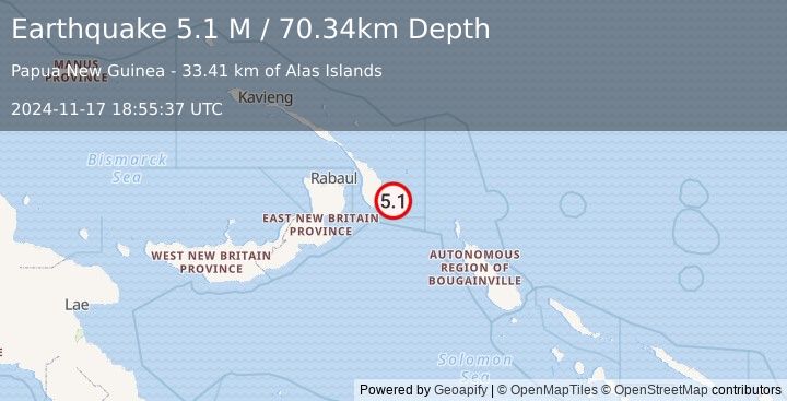 Earthquake New Ireland Region, Papua New Guinea (5.1 M) (2024-11-17 18:55:37 UTC)