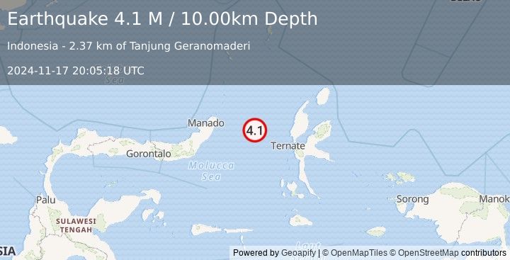 Earthquake Northern Molucca Sea (4.1 M) (2024-11-17 20:05:18 UTC)