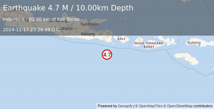 Earthquake South of Bali, Indonesia (4.7 M) (2024-11-17 23:26:49 UTC)