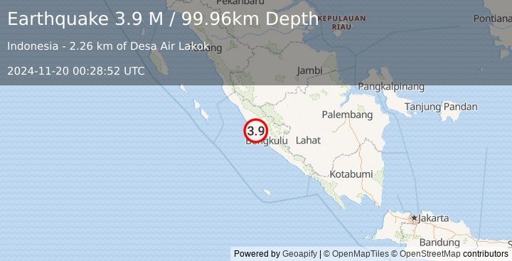 Earthquake Southern Sumatra, Indonesia (3.9 M) (2024-11-20 00:28:52 UTC)