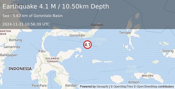 Earthquake Minahassa Peninsula, Sulawesi (4.1 M) (2024-11-21 10:56:39 UTC)