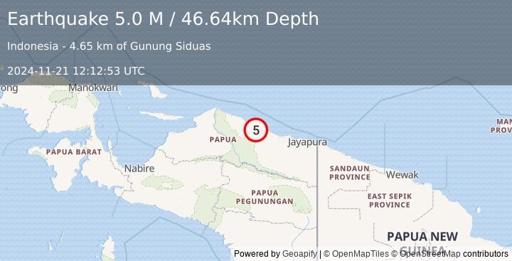 Earthquake Near North Coast of West Papua (5.0 M) (2024-11-21 12:12:53 UTC)