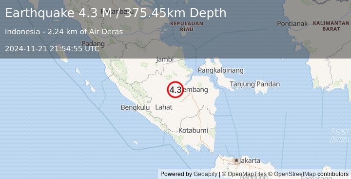 Earthquake Southern Sumatra, Indonesia (4.3 M) (2024-11-21 21:54:55 UTC)