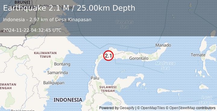 Earthquake Minahassa Peninsula, Sulawesi (2.1 M) (2024-11-22 04:32:45 UTC)