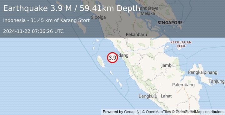 Earthquake Southern Sumatra, Indonesia (3.9 M) (2024-11-22 07:06:26 UTC)