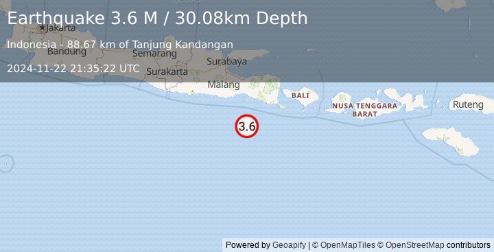 Earthquake South of Java, Indonesia (3.6 M) (2024-11-22 21:35:22 UTC)