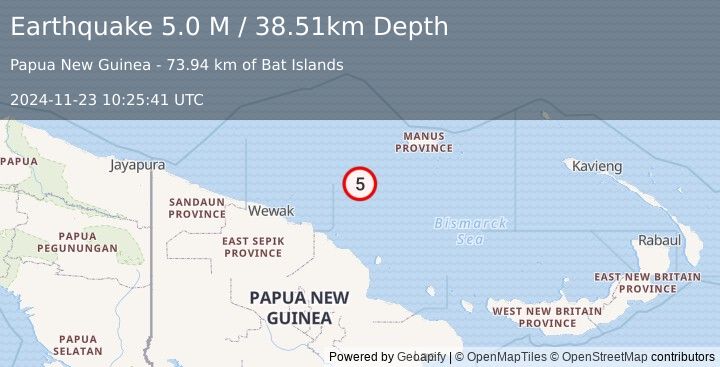 Earthquake Admiralty Islands Region, Papua New Guinea (5.0 M) (2024-11-23 10:25:41 UTC)