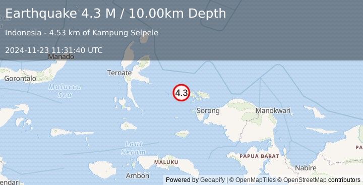 Earthquake West Papua Region, Indonesia (4.3 M) (2024-11-23 11:31:40 UTC)