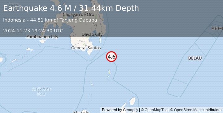 Earthquake Mindanao, Philippines (4.6 M) (2024-11-23 19:24:30 UTC)