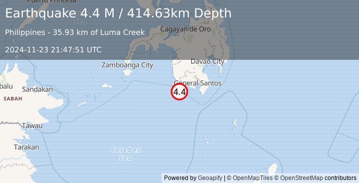 Earthquake Mindanao, Philippines (4.4 M) (2024-11-23 21:47:51 UTC)