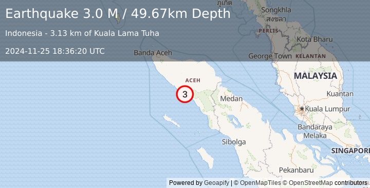 Earthquake Northern Sumatra, Indonesia (3.0 M) (2024-11-25 18:36:20 UTC)