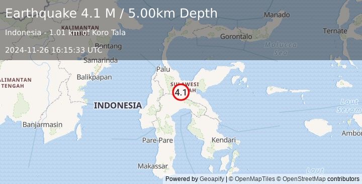 Earthquake Sulawesi, Indonesia (4.1 M) (2024-11-26 16:15:33 UTC)