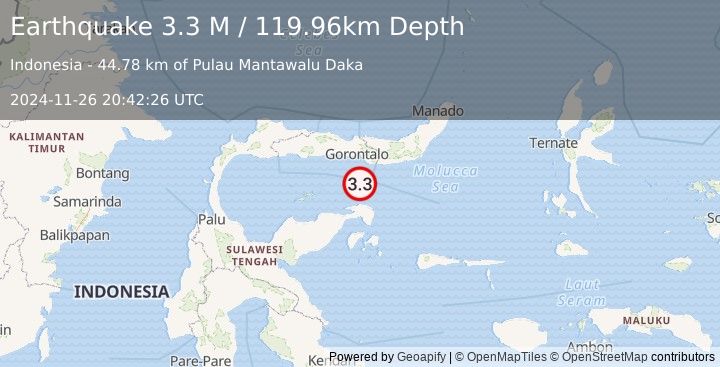 Earthquake Minahassa Peninsula, Sulawesi (3.3 M) (2024-11-26 20:42:26 UTC)